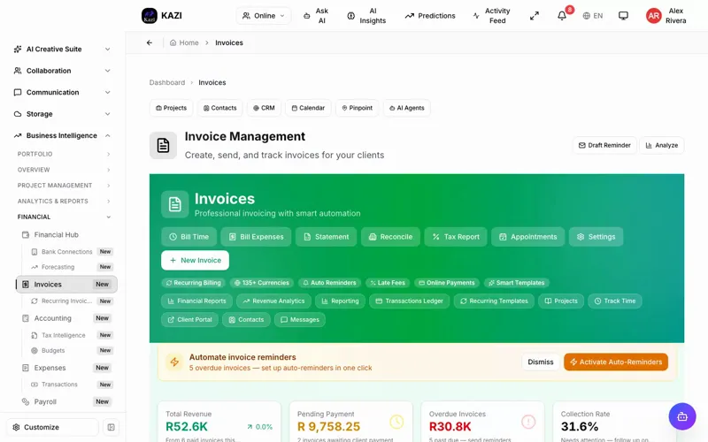 KAZI invoice builder with line items, taxes and one-click payment links
