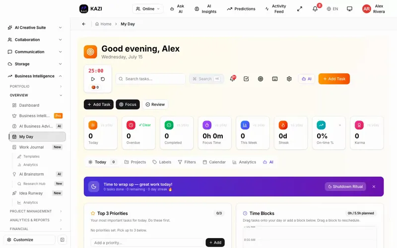 KAZI My Day planner with AI-prioritized tasks, focus timer and schedule