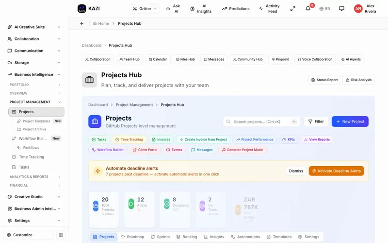 KAZI projects hub with kanban board, milestones and progress tracking