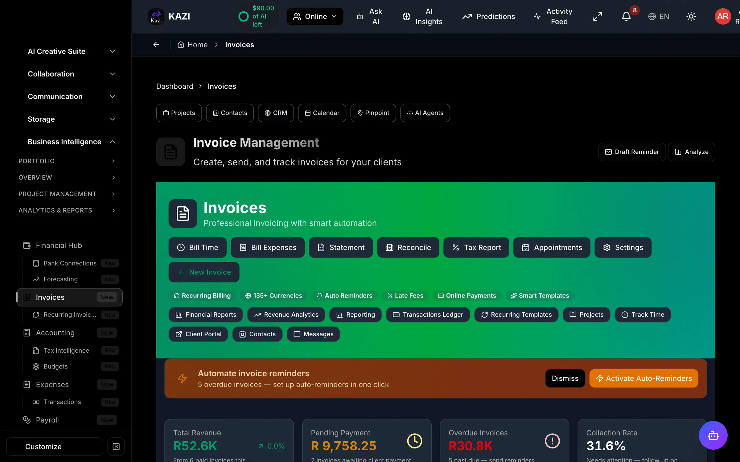 KAZI invoice builder with line items, taxes and one-click payment links