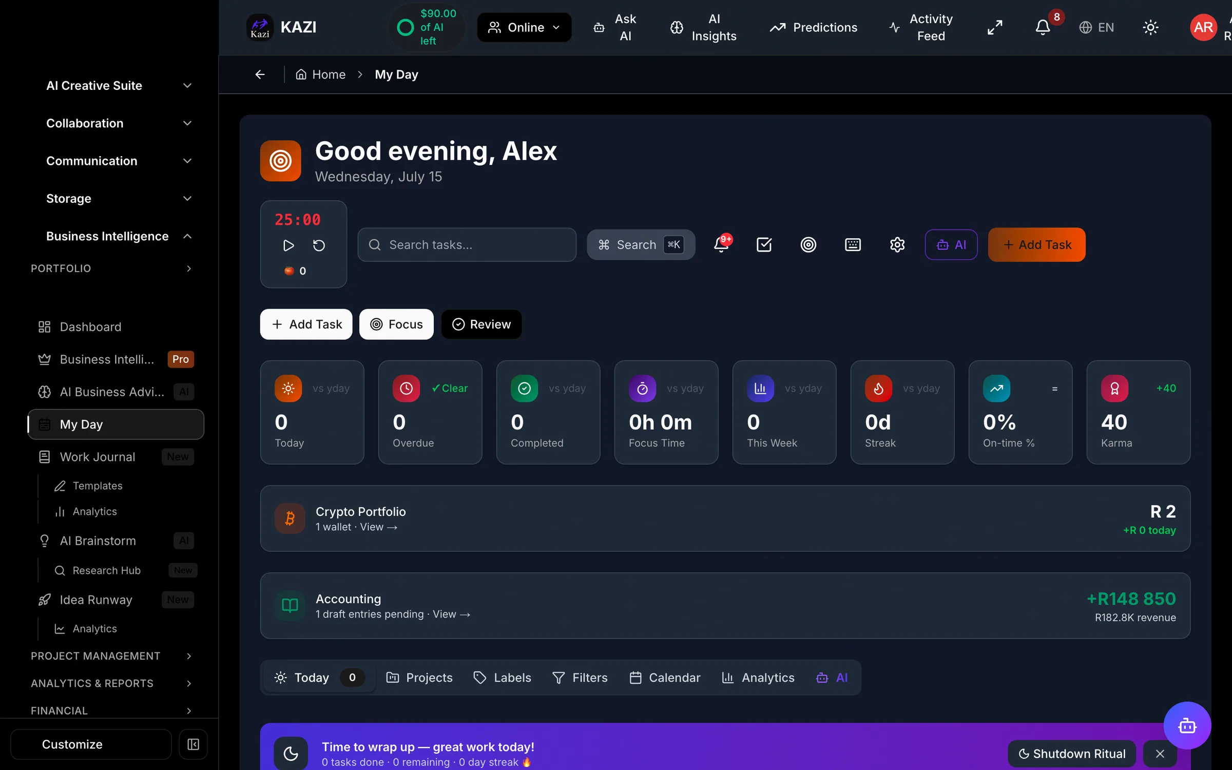 KAZI My Day planner with AI-prioritized tasks, focus timer and schedule