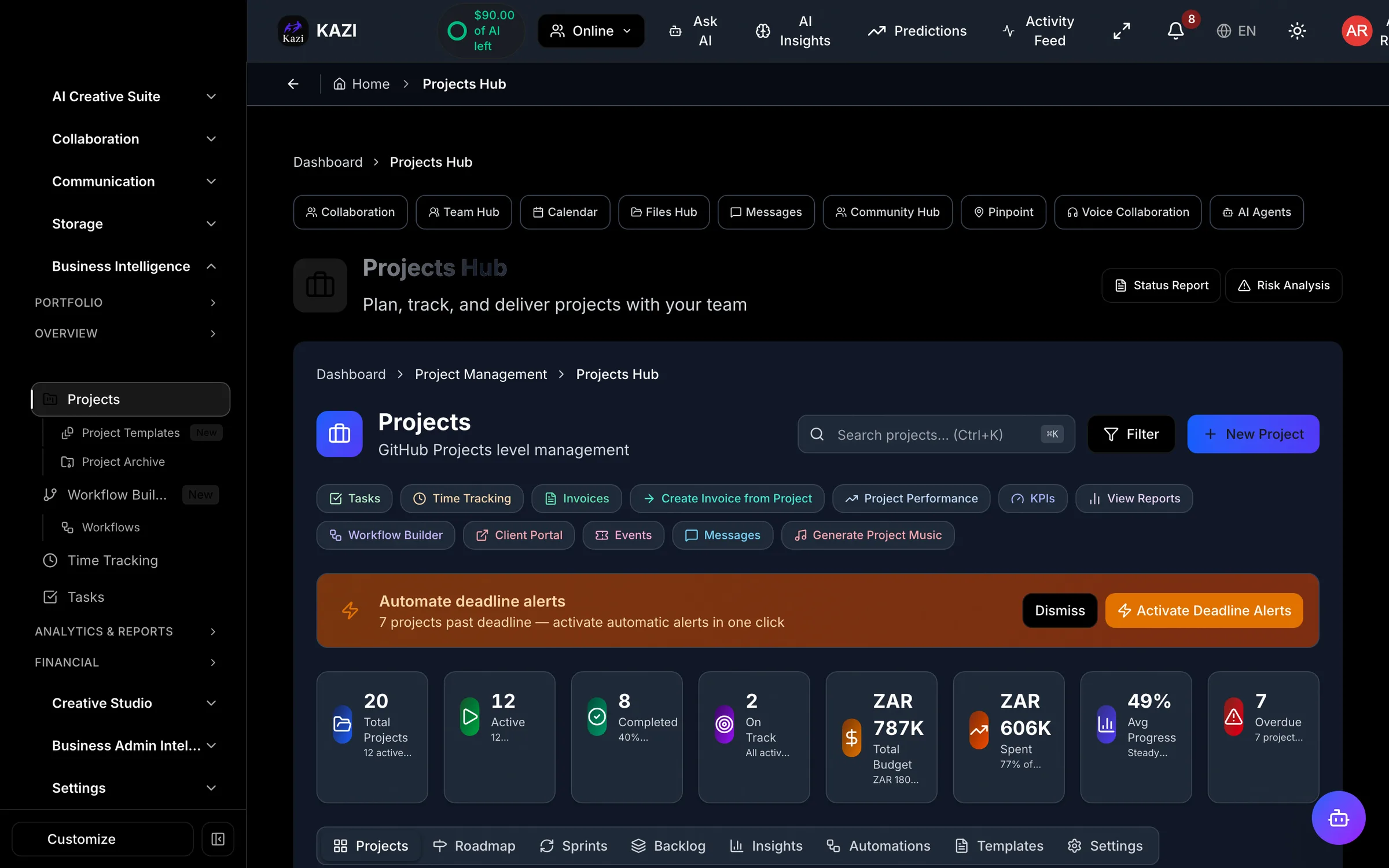 KAZI projects hub with kanban board, milestones and progress tracking